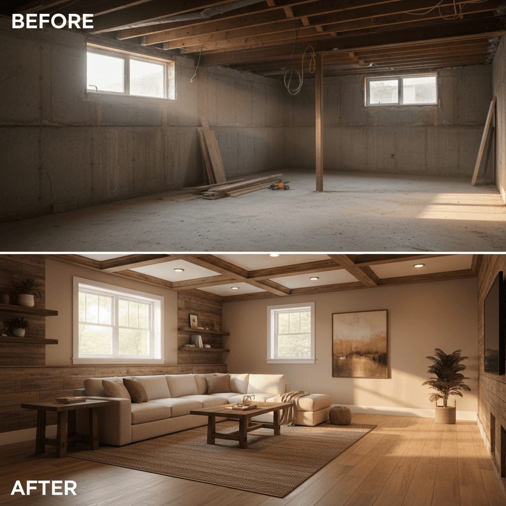 Basement finishing before and after: raw concrete space completed with drywall, flooring, and lighting
