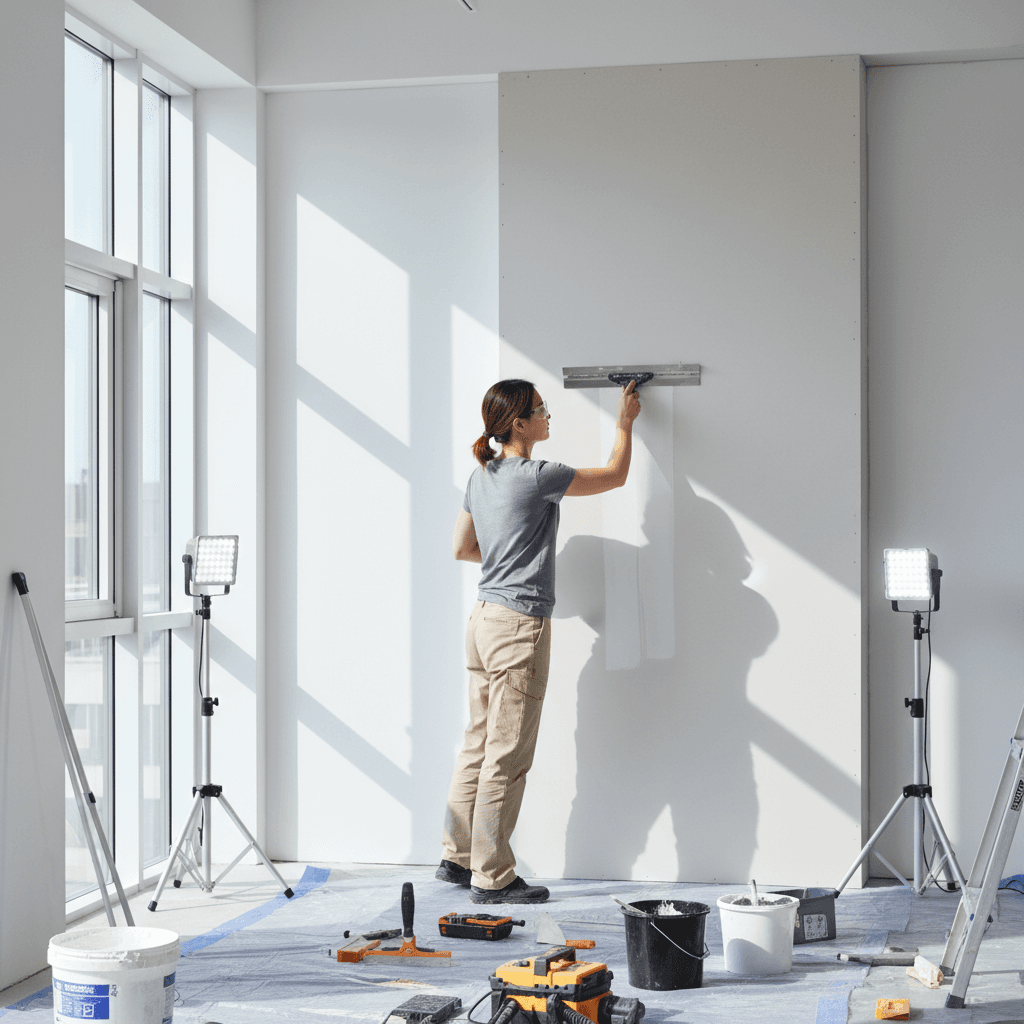Contractor applying finishing compound to commercial drywall