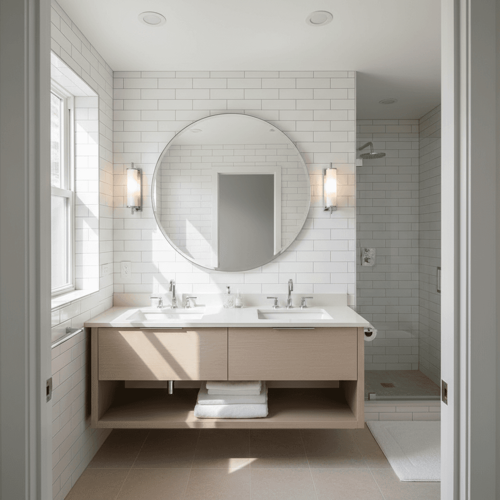 Completed bathroom renovation with white tile and new vanity
