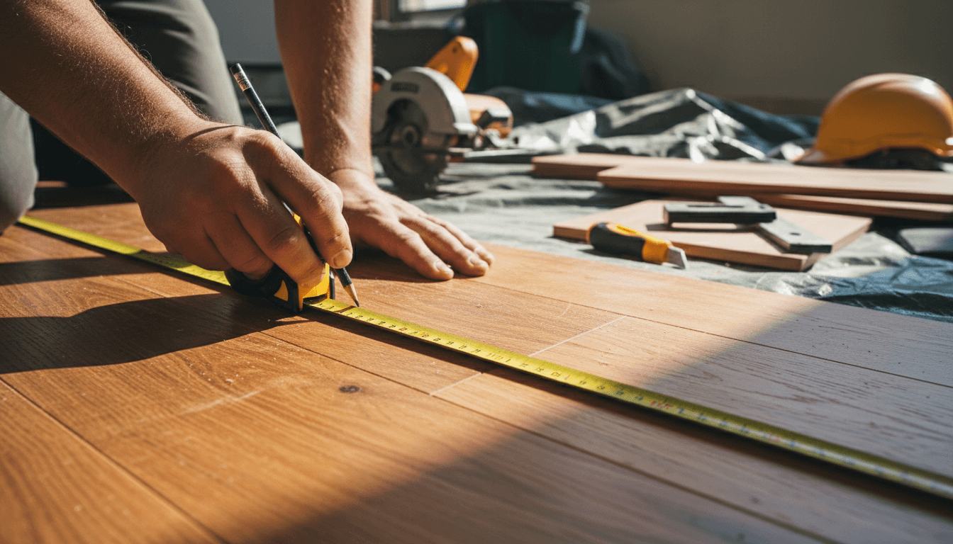 Construction professional measuring and marking a freshly installed hardwood floor during a renovation project