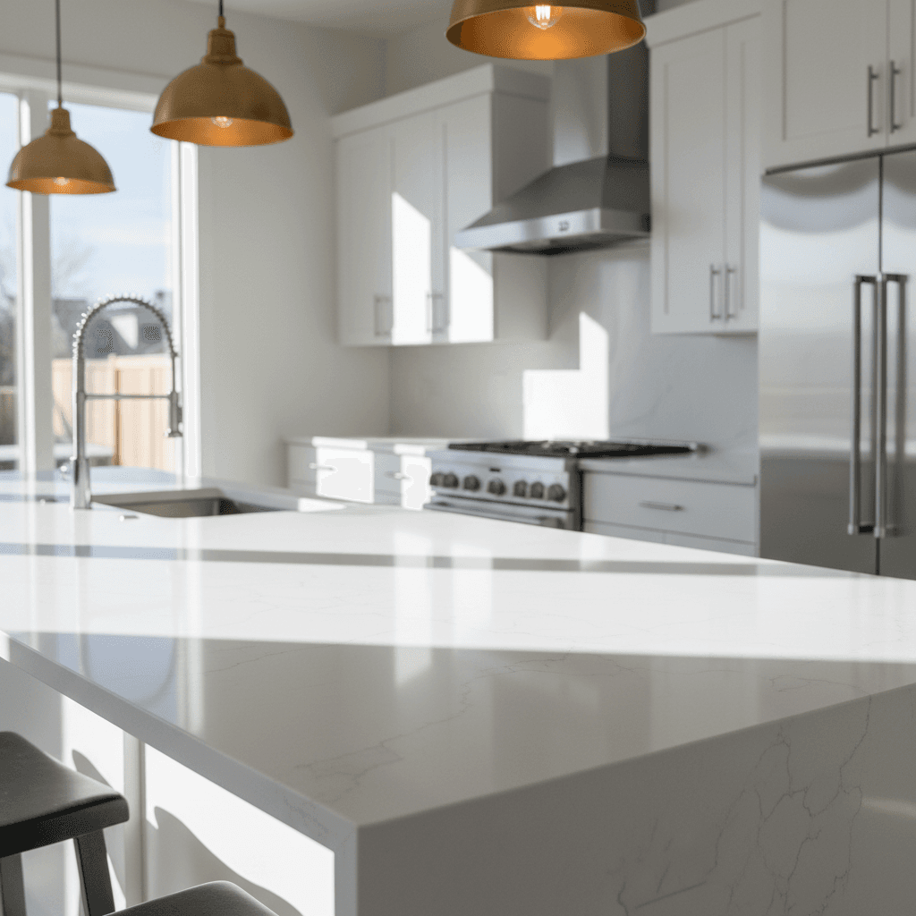 Modern renovated kitchen with white cabinets and quartz countertop