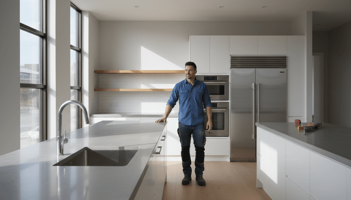 Modern kitchen renovation with new cabinets, countertops, and appliances in a bright, professionally finished space