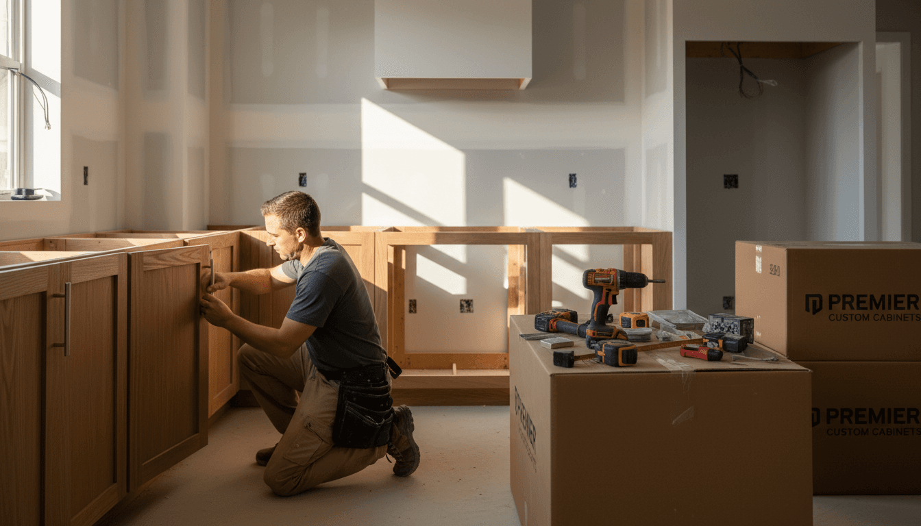 Skilled tradesperson installing kitchen cabinetry on a residential renovation project