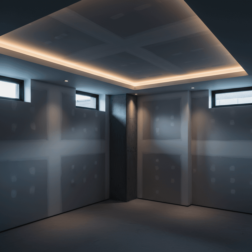 Finished basement renovation with drywall and professional lighting
