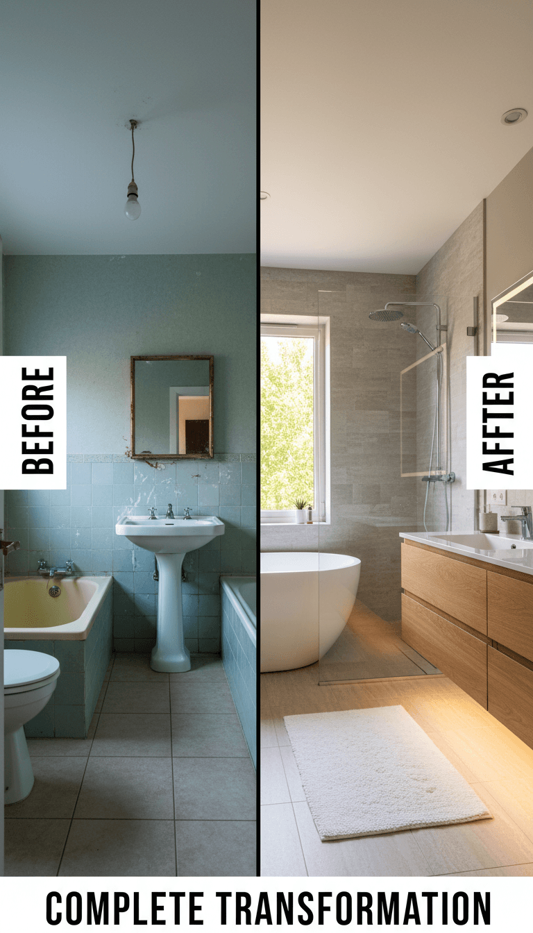 Before-and-after vertical split showing dated bathroom transformed into modern luxurious spa-like bathroom with new fixtures