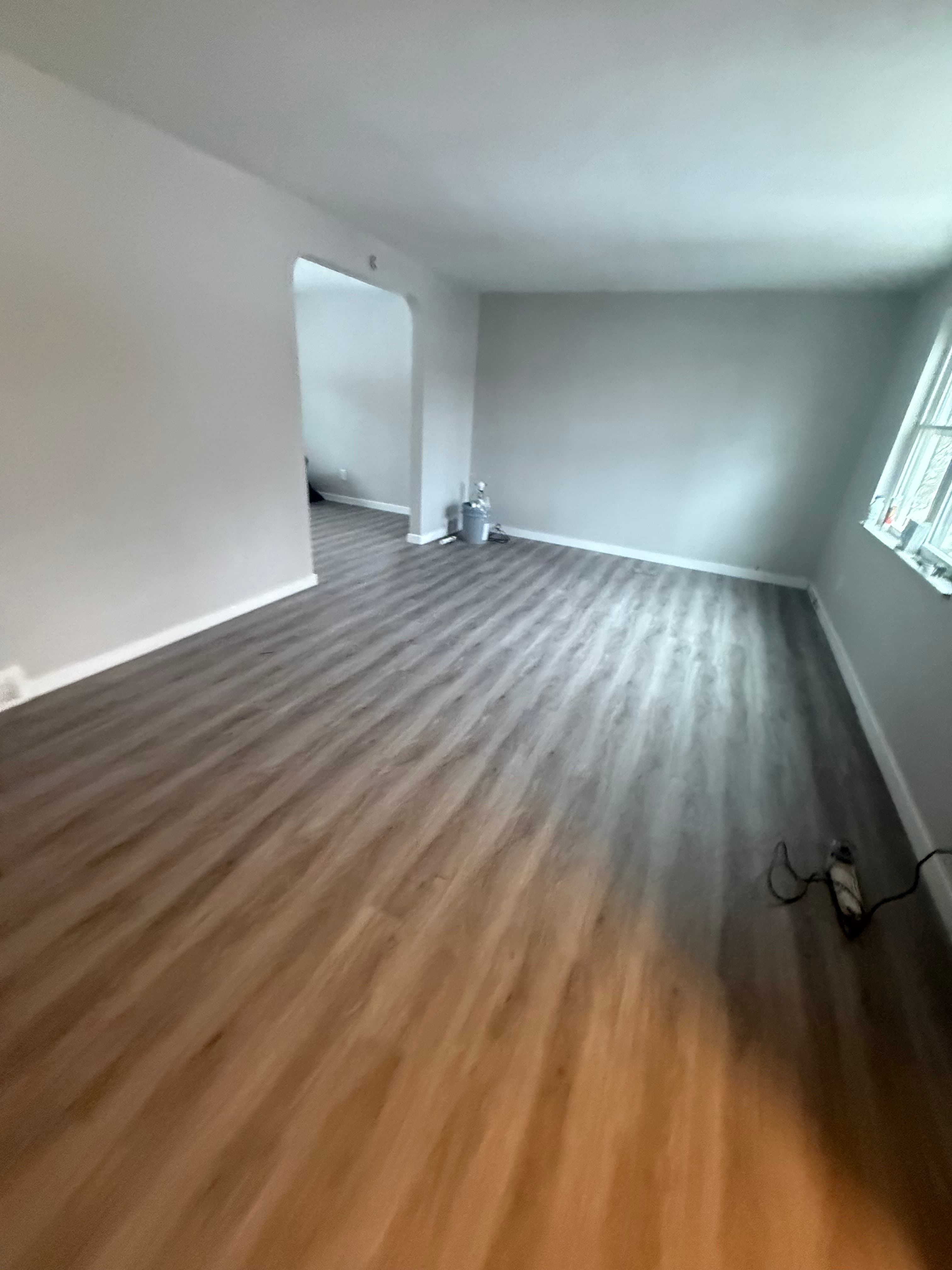Empty room featuring light gray walls, wood-look plank flooring, and a small high window.